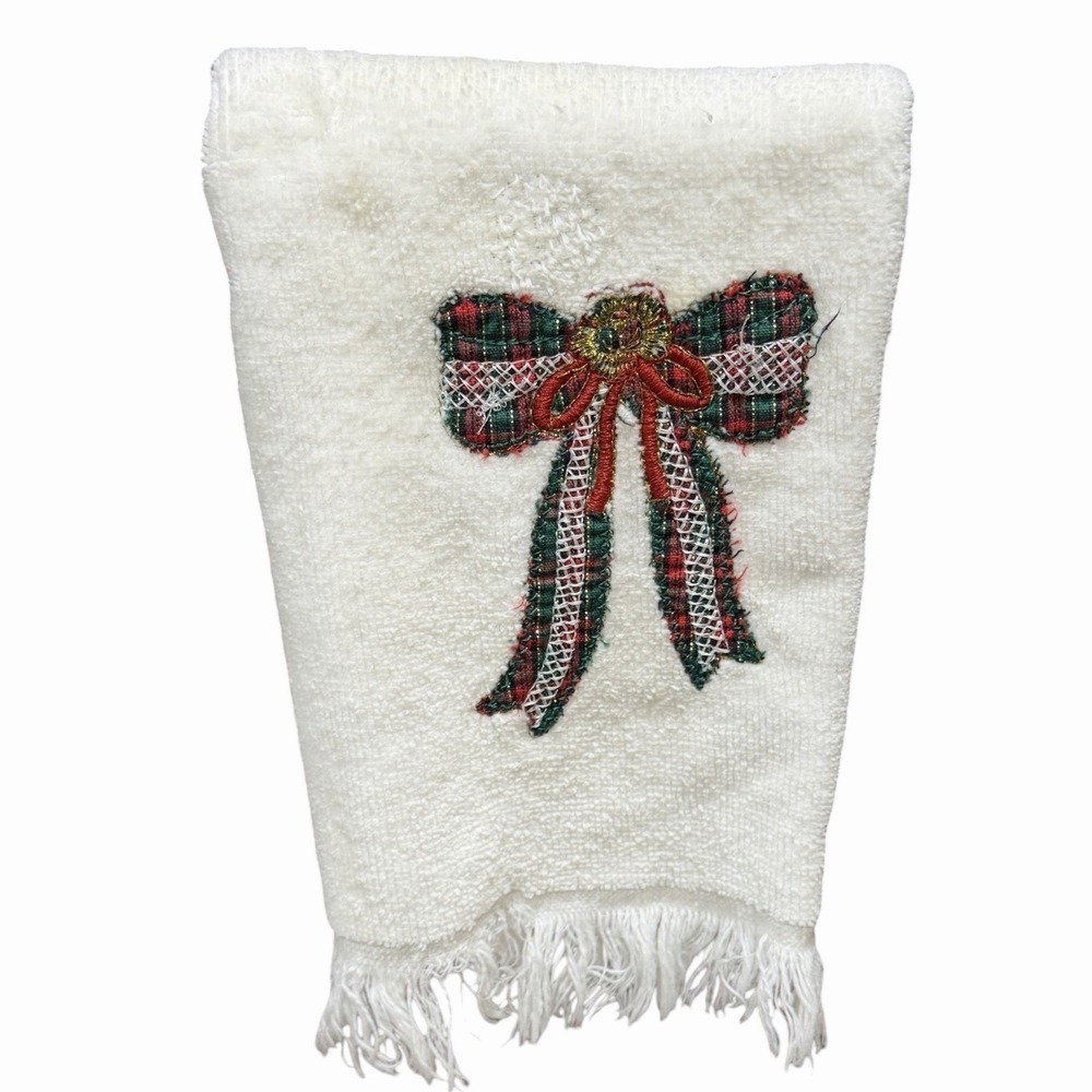 Vintage Franco Christmas Hand Towel White Terry Plaid Bow Fringe Bathroom Decor